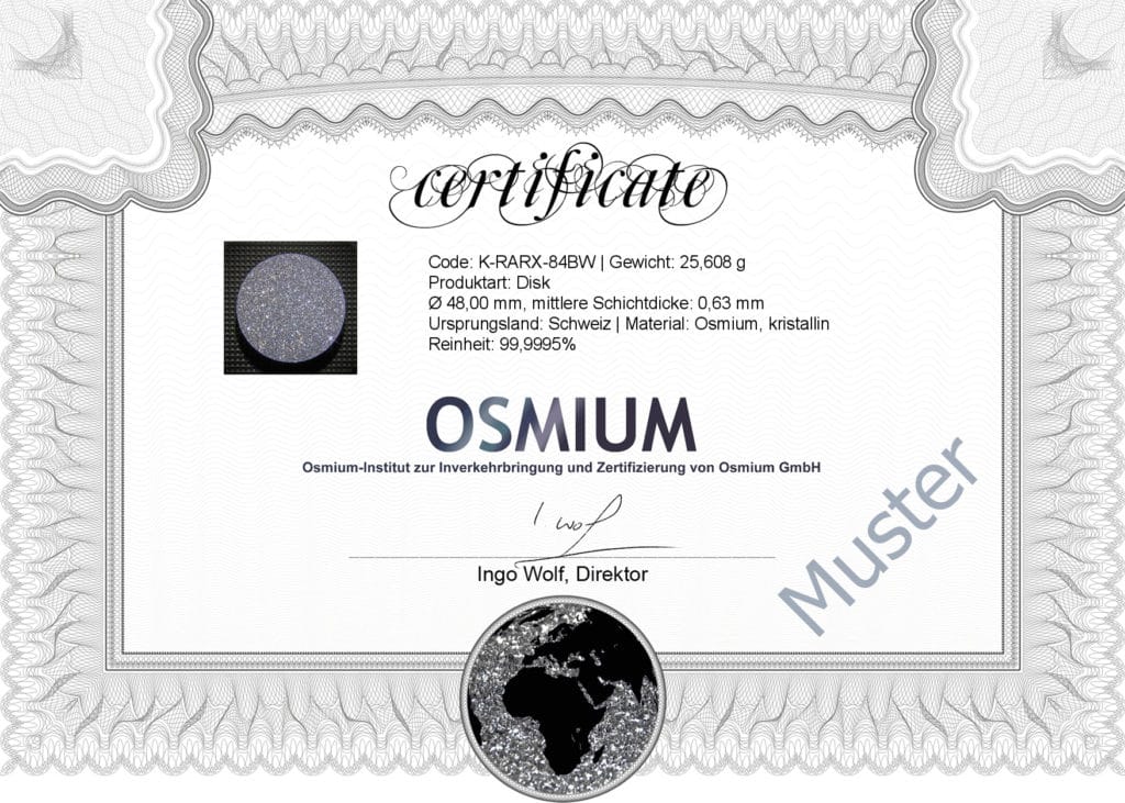Das Echtheitszertfikat besitzt jedes Osmiumstück und ist ein wichtiger einheitlicher Nachweis der Reinheit mit festgelegtem Layout.