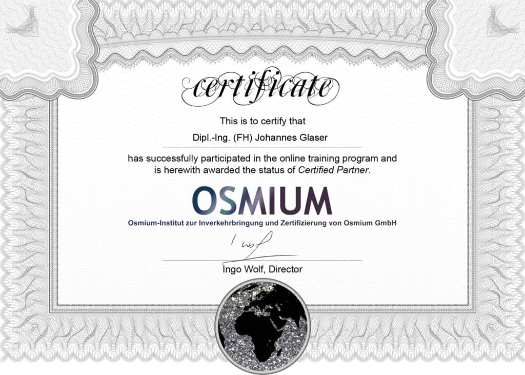 Osmium Deutschland ist zertifizierter Osmiumhändler mit einer ausgewiesenen Qualifikation